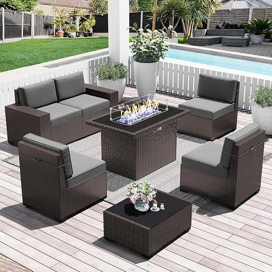 LayinSun 7 Pieces Outdoor Patio Furniture Set with 44" Fire Pit Table Brown Rattan Sectional Sofa Conversation Sets