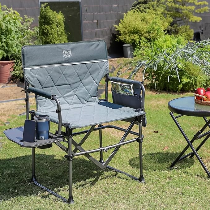 TIMBER RIDGE Aluminum Camping Directors Chair with Side Table Pocket, Portable Folding Chair, Heavy Duty Lawn Chair for Fishing Trip Picnic Concert Outdoor 400lbs, Grey 2 Pack
