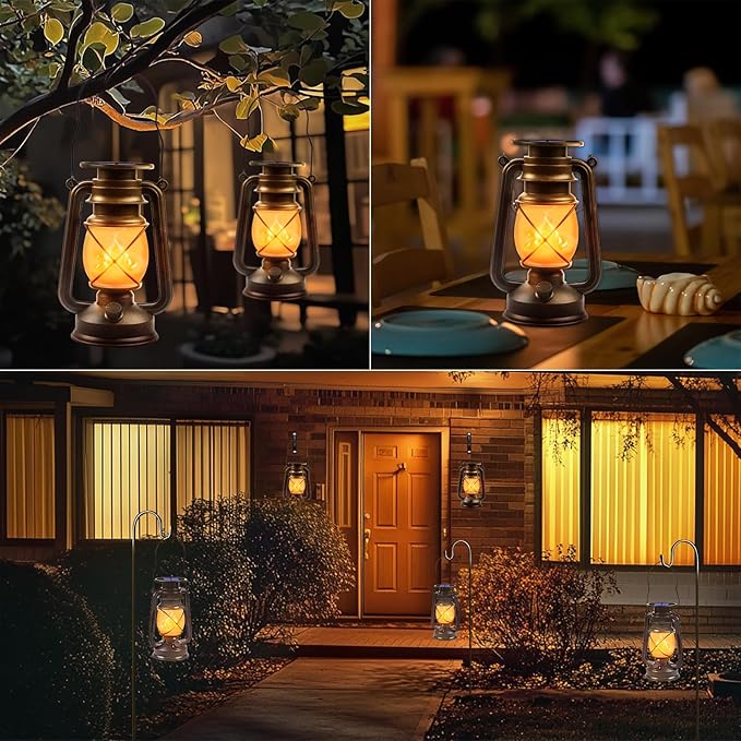 Solar Powered LED Lanterns Decorative Outdoor,2 Pack Bronze Vintage Lanterns with Dancing Flame,Waterproof Solar Hanging Lights for Camping Patio Garden Yard Pathway Decor
