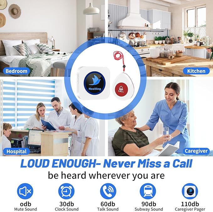 Nestling® Wireless Caregiver Pager SOS Call Button Nurse Alert System Call Bell for Elderly Monitoring Patient Disabled 1 Waterproof Panic Call Button & 1 Plugin Receiver