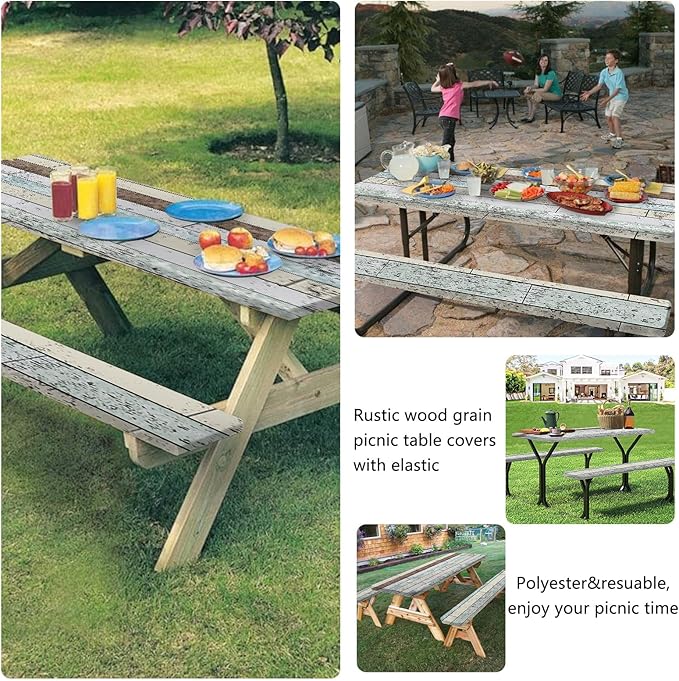 famibay 3 Piece Picnic Table Covers with Elastic Fitted Picnic Table Cover with Bench Covers Farmhouse Camping Tablecloth Waterproof Picnic Table Covers for Outdoors(Wood Grain,12" x72"+30" x72")