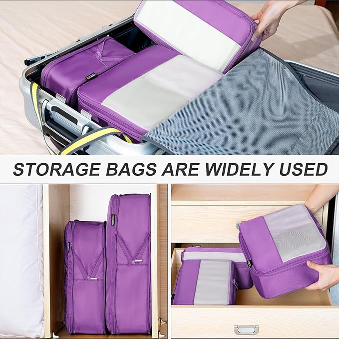 6 Set Compression Packing Cubes for Travel Essentials, Luggage Organizers for Suitcases (Bright Purple)