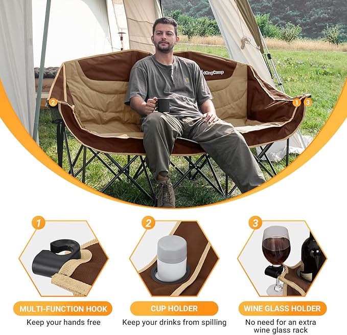 KingCamp Double Camping Chair, Oversized Heavy Duty Loveseat for Adults Portable Folding XL 2 Person Couch Padded Comfortable Two Seat with Cup Holder for Outdoor Lawn Backyard