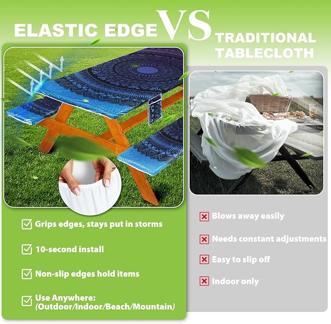 Picnic Table Cover with Bench Covers Vinyl Elastic Edges Fitted Rectangle Seat Tables Waterproof 3-Piece96X30in Set Outdoor Rectangular Folding Backing Tablecloth for Camping Over SizeTie-Dye108