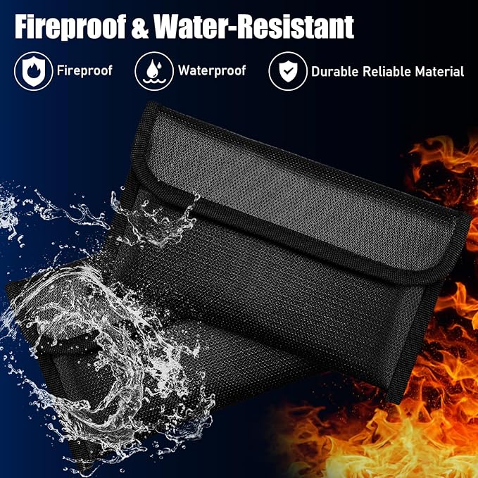 Leinuosen 6 Pack Small Fireproof Bag 8 x 5 Inch Fireproof Money Waterproof Pouch Document Bag with Zipper Silicone Coated Money Holder Safe Accessories for Valuables Passport(Black)