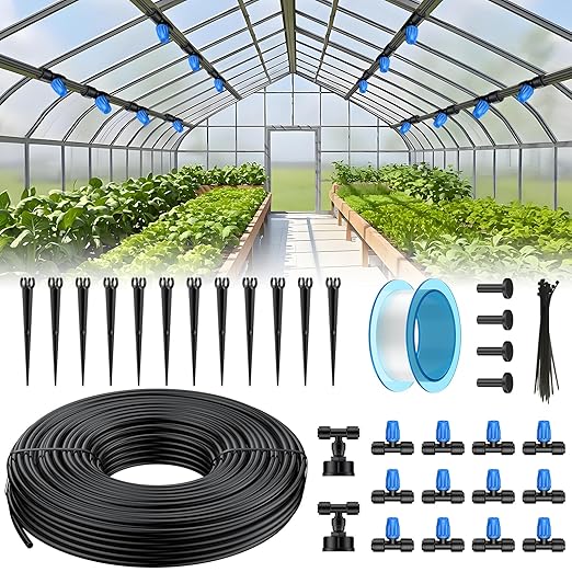 Pawfly 50ft Mist Drip Irrigation Kit - Quick-Connect Drip Irrigation System with 1/4" Tubing, Adjustable Misting Nozzles & Drip Irrigation Parts for Greenhouse, Lawn, Patio and Raised Beds