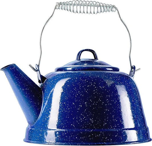 COLETTI Classic Camping Tea Kettle Stovetop — Travel Kettle, Camp Tea Pot for Stove — Chipping-Resistant German-Imported Enamel Coating [Blue Enamel, 9 Cups]
