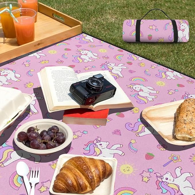 Extra Large Picnic Outdoor Blanket 60''x80'' Pink Unicorn Waterproof and Sandproof Picnic Mat for Beach Foldable Camping Accessories for Grass Lawn Park
