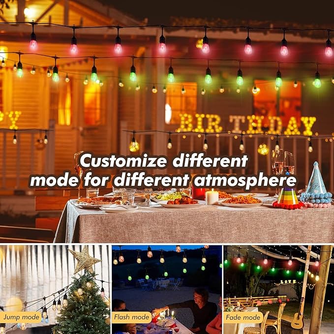 Auroraworld Outdoor String Lights, 48FT Color Changing Outdoor String Lights, Patio Lights Waterproof Porch Light with Remote, for Patio Decor, Balcony