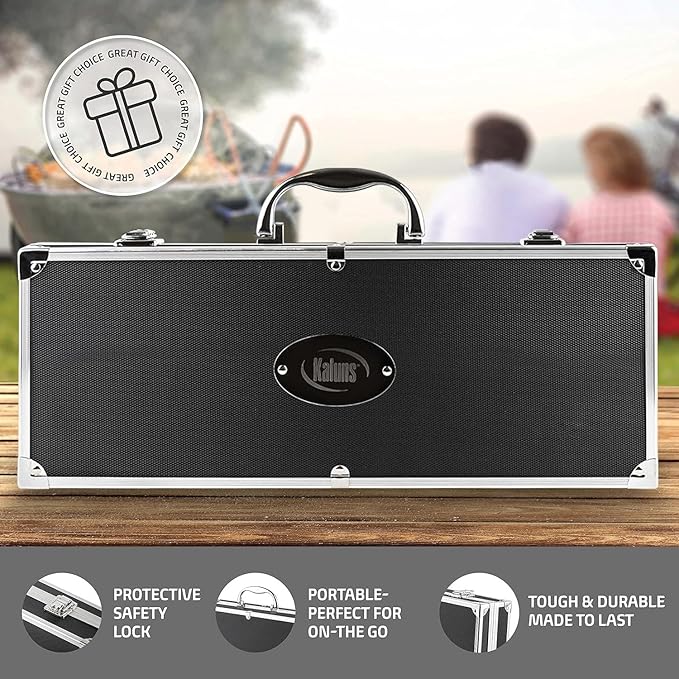 Kaluns Grilling Accessories, Dad Gifts for Christams Grilling Gifts, Heavy Duty Stainless Steel BBQ Grill Tools Set for Outdoor Grill with Aluminum Case and Apron, Dad Birthday Gifts for Men Husband