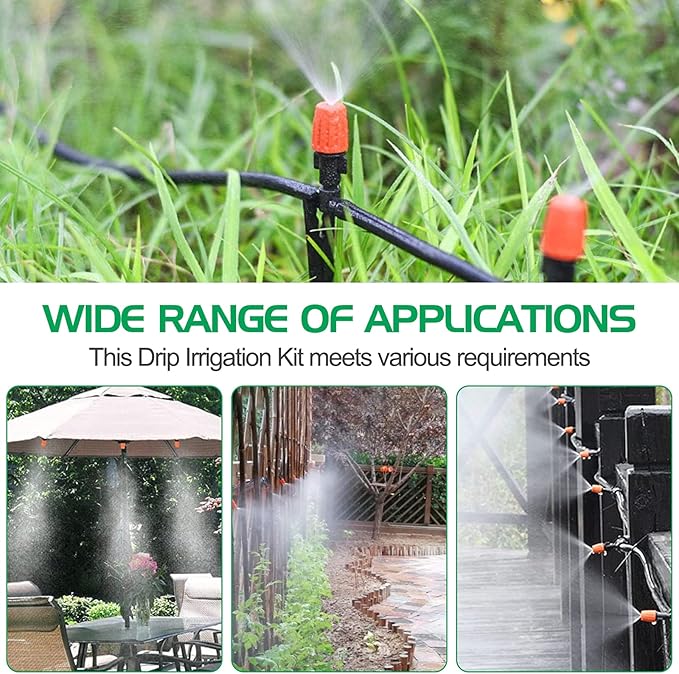 MIXC 1/4-inch Mist Irrigation Kits Accessories Plant Watering System with 50ft 1/4” Blank Distribution Tubing Hose, 20pcs Misters, 39pcs Barbed Fittings, Support Stakes, Quick Adapter, Model: GG0B