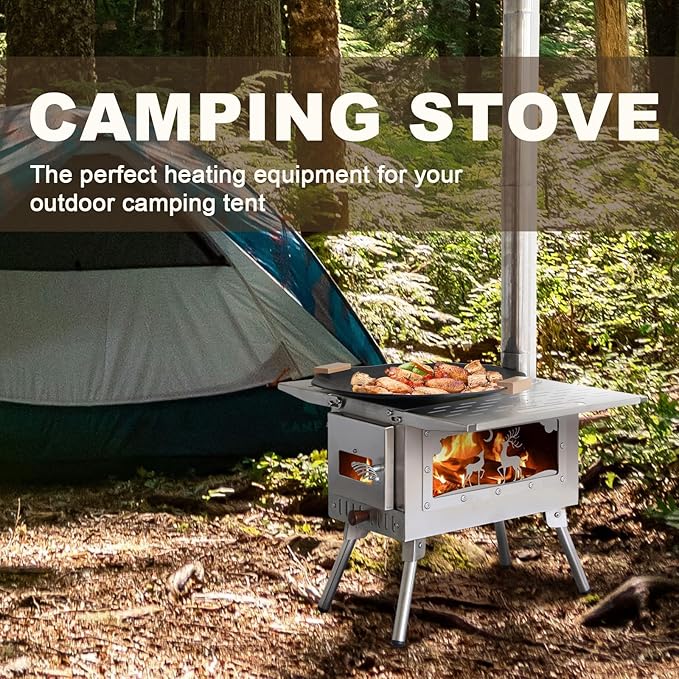 Outdoor Camping Tent Stove Portable Camping Stove Stainless Steel Stove With Chimney Pipe for Outdoor Cooking Camping BBQ Accessories