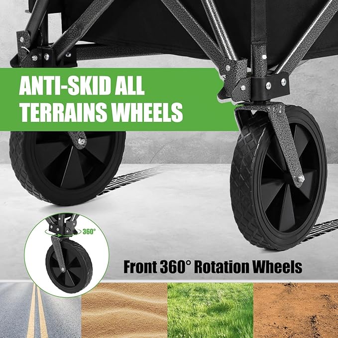 Collapsible Wagon Carts with Large Capacity, Foldable Grocery Cart with Side Pockets for Outdoor,Utility Beach Wagons Heavy Duty,300lb Load-Bearing for Camping, Garden, Sports, Shopping-Black