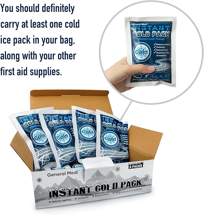 General Medi Instant Ice Cold Pack (4”x 5.5”) – 8 Packs Disposable Cold Therapy Ice Packs for Pain Relief, Swelling, Inflammation, Sprains, Toothache – for Athletes & Outdoor Activities