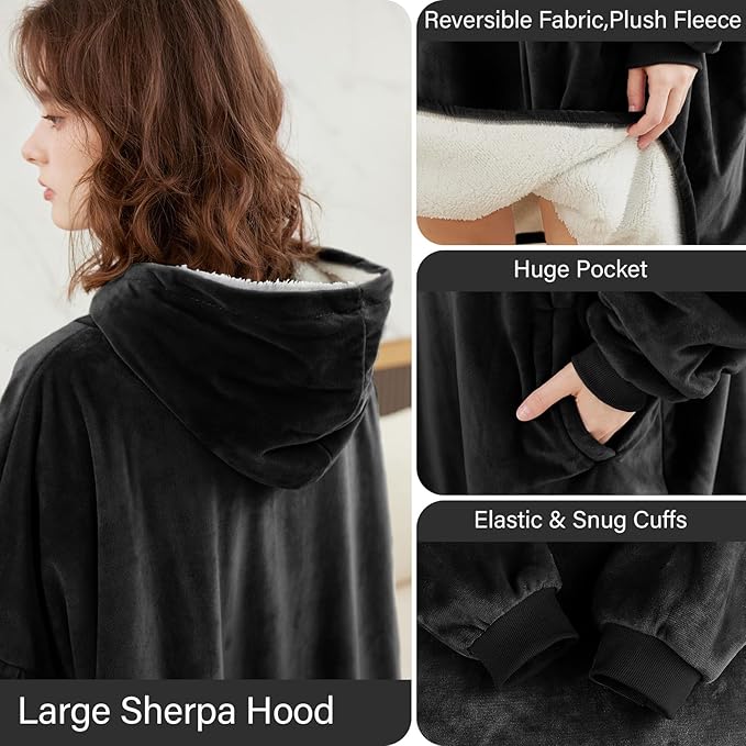 LetsFunny Blanket Hoodie,Oversized Wearable Sherpa Fleece Blanket Sweatshirt,Super Soft Warm Cozy with Giant Pocket,Gifts for Women Men Adults Teenagers Kids, One Size Fits All