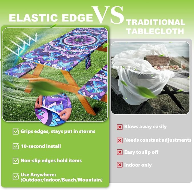Picnic Table Cover with Bench Covers Vinyl Elastic Edges Fitted Rectangle Tables Seat Waterproof 3-Piece 96X30in Set Outdoor Rectangular Folding Backing Tablecloth Camping Over Size Mandala