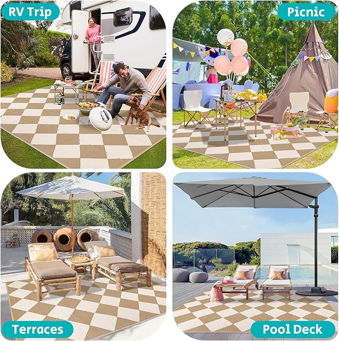 HEBE Outdoor Rug Waterproof 9x12, Plastic Straw Rug Camping Rug, Reversible Outdoor Patio Rugs RV Mat Clearance, Indoor Outside Floor Carpet for Porch,Deck,Camper,Balcony,Backyard
