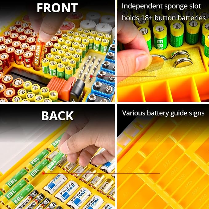 Battery Organizer Storage Holder Box Case with Tester- 269 Batteries Double-Sided Variety Pack, Holds AA AAA 4A C D Cell 9V 3V Lithium LR44 CR2 CR123 CR1632 18650 Button- Yellow (Box Only)