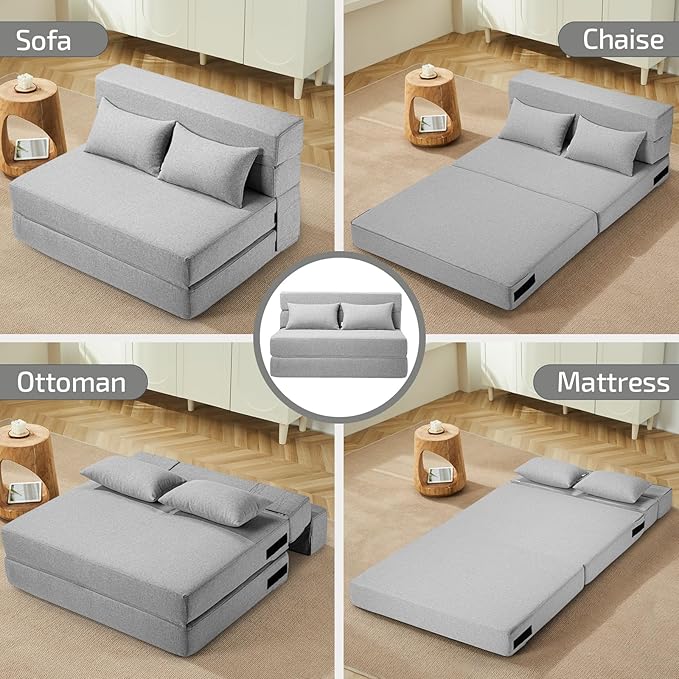 Folding Sofa Bed with Pillows- Convertible Chair Floor Couch & Sleeping Mattress, Foldable Memory Foam Sleeper for Living Room/Dorm/Guest Room/Home Office/Apartment/Loft, Twin, Light Gray