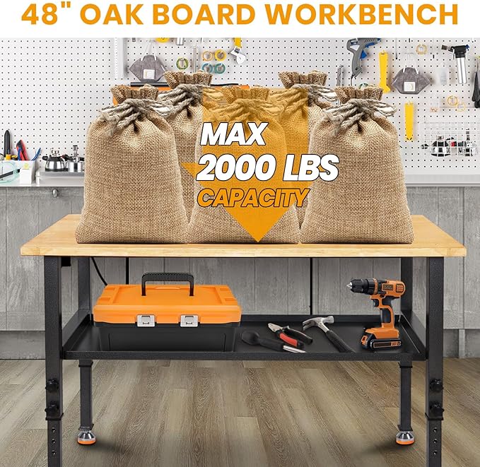48"/60'' Adjustable Workbench, Rubber Wood Top Work Bench Heavy-Duty Work Table w/Power Outlet, Partition,2000 LBS Load Capacity Work Benches for Garage, Workshop, Home, Office, Easy Assembly