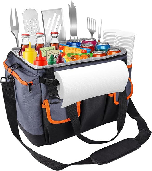 Large BBQ Grill Caddy with Paper Towel Holder, Foldable Insulated Picnic Organizer Bag for Outdoor Grilling, Tailgating, Camping, RV Trips, Must-Have Storage for Cooking Tools Supplies