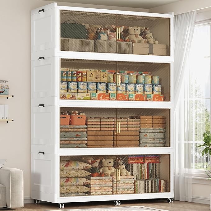 320GAL Extra Large Stackable Storage Bins with Lid, 1280QT Plastic Closet Organizer and Storage Cabinet with Wheels and Doors, Folding Storage Box Container for Home Organization, 4Pack White