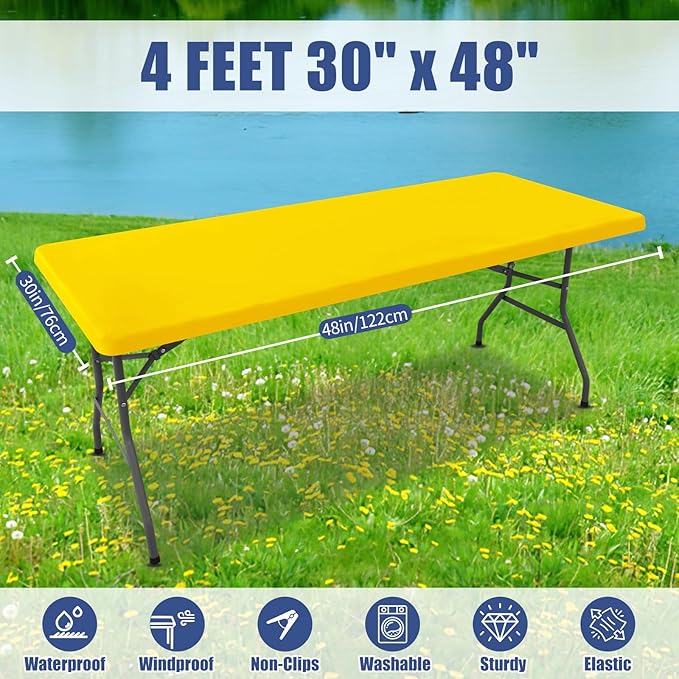 Spandex Picnic Table Cloth 2 Pack, Elastic Fitted Tablecloths for 4 Foot Rectangle Tables, Stretch Washable Patio Table Cover for Outdoor, Camping, Banquet and Parties (Yellow, 30"x48")