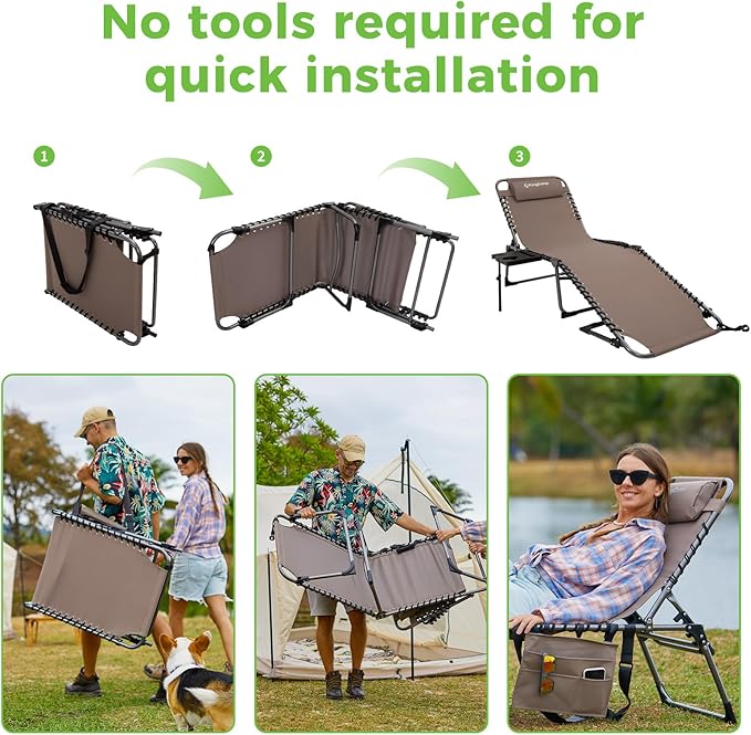 KingCamp Folding Chaise Lounge Chair for Outside Beach, Sunbathing, Patio, Pool, Lawn, Deck, Lay Flat Camping Reclining Lounge Chair with Pillow & Side Table （1 Pack, Beige）