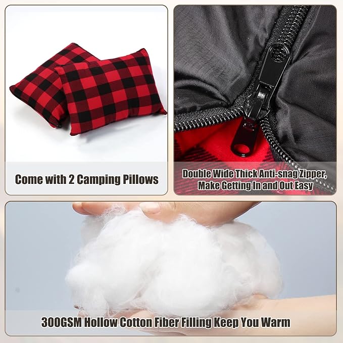 Double Sleeping Bag Flannel for Adults Kids, Queen Size for 2 Person with 2 Pillows, Warm & Cold Weather Sleeping Bag for Camping, Hiking, Waterproof Lightweight with Compression Sack