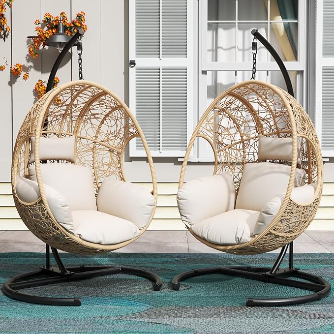 Hanging Egg Chair with Stand - Egg Swing Chair Outdoor Indoor Patio Wicker Chair Swing Hammock Egg Chairs 400lbs Capacity for Outside Patio, Bedroom, Garden and Balcony (Beige-nest, 2P)