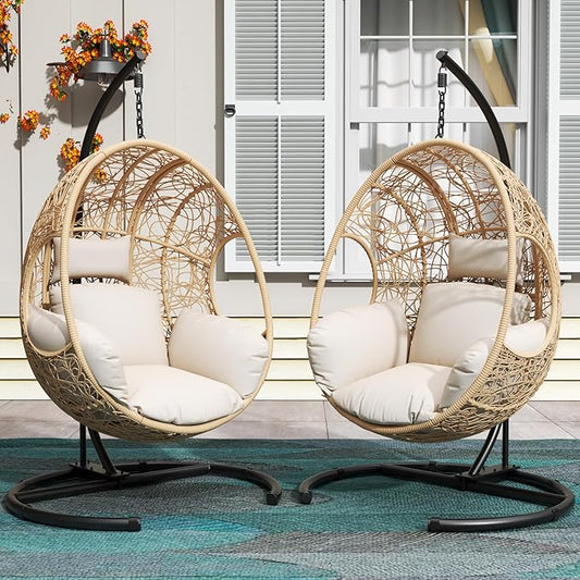 Hanging Egg Chair with Stand - Egg Swing Chair Outdoor Indoor Patio Wicker Chair Swing Hammock Egg Chairs 400lbs Capacity for Outside Patio, Bedroom, Garden and Balcony (Beige-nest, 2P)