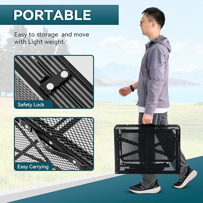 Portable Folding Camping Table with Mesh Side Shelves, Easy for Storage, Compact and Portable Picnic Table for Grill, Outdoor Camping, Black