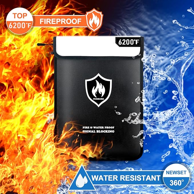 6200°F Upgraded Fireproof Document Bag, 15.7" x 11.4" Faraday Bag, Water Resistant Fireproof Money Bag with Zipper, 18 Layers of Heat Insulated Materials, RFID Blocking Bag, Anti-Theft Anti-Tracking
