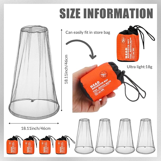 HESTYA 4 Pack Mosquito Head Net Face Mesh Protecting Net for Outdoor Hiking Camping Climbing Mosquito Fly Insects Preventing(Grey)