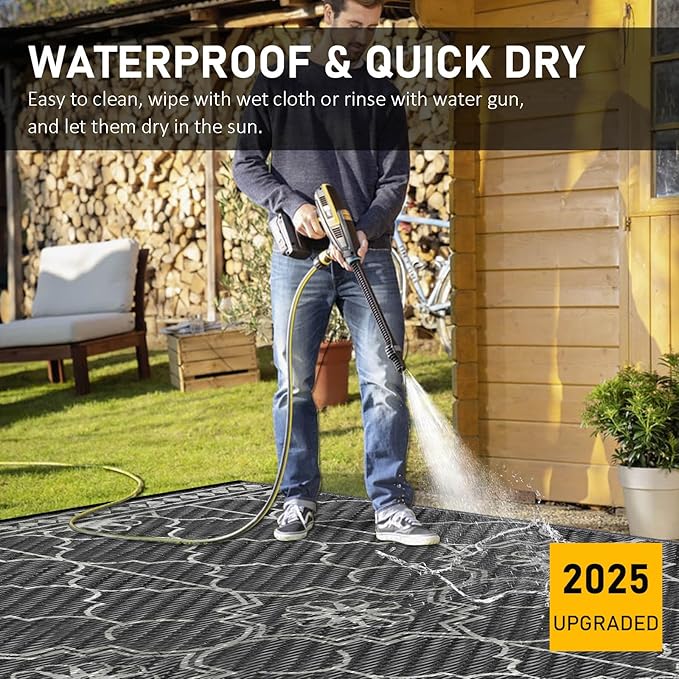 Outdoor Rug 10x14Ft, Waterproof Outdoor Patio Rug for House Deck Reversible Plastic Straw Mat for RV Camping Picnic Beach Balcony (Black Gray)