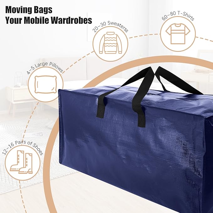 Heavy Duty Moving Bags with Backpack Straps and Strong Handles, Alternative to Moving Boxes and Storage Totes for Dorm Room Essentials, 12 Pack, Blue