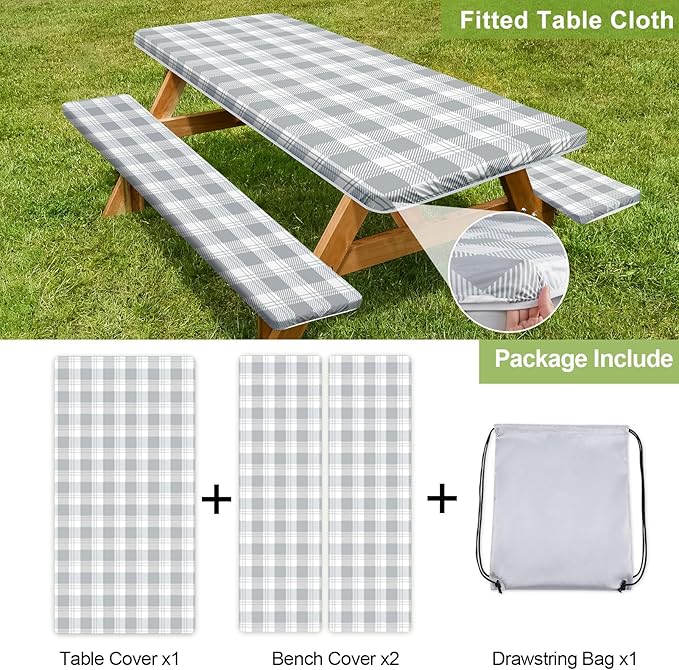 Picnic Table Cover with Bench Covers Camping Essentials Waterproof Windproof Camping Tablecloth with Drawstring Bag, Fitted Rectangle Tables and Seats, 96in, Grey Checkered