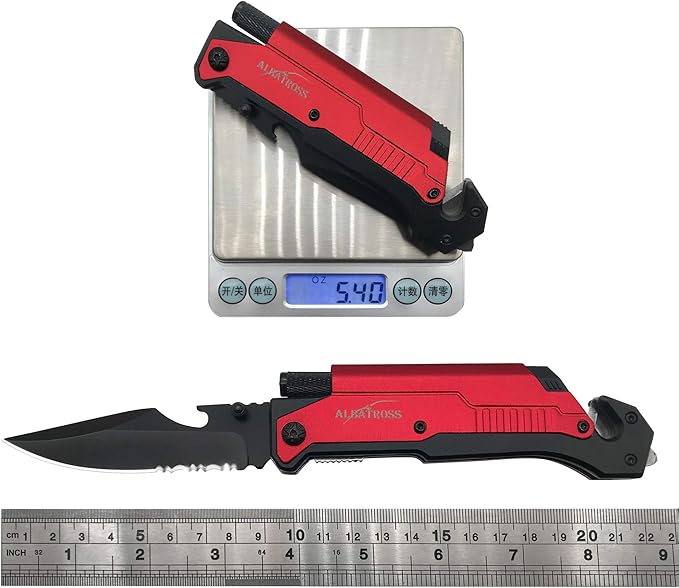 ALBATROSS 6-in-1 Survival Tactical Military Folding Pocket Knives with LED Light,Rope Cutter,Glass Breaker,Magnesium Fire Starter,Bottle Opener;Multi-Function Emergency Tool(Red)