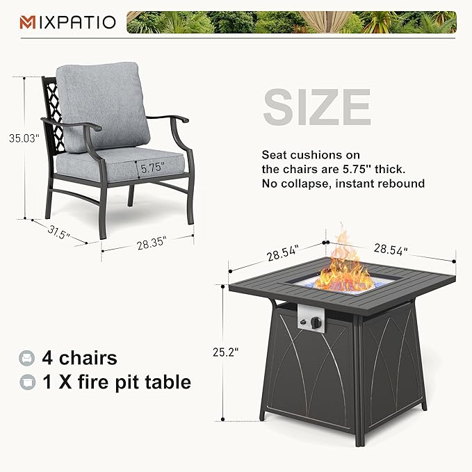 Patio Furniture Set with Fire Pit Table, 5 Pcs Metal Outdoor Conversation Set, 4 Single Chairs with 5.75" Extra Thick Cushion and 28" Fire Pit Table for Backyard Deck, Grey