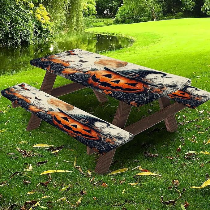 CAPSCEOLL Elastic Picnic Table Cover with Bench Covers 5Ft Waterproof Fitted Picnic Table Cover Cloths for Outdoors Camping Tablecloth with Drawstring Bag, 60X30in, Halloween Pumpkins
