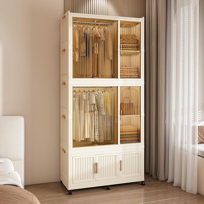 Portable Wardrobe Closet Storage Organizer, Plastic Collapsible Closet Organizer with Transparent Magnetic Door, for Bedroom Living Room,Easy Assemble,7 Cubes & 2 Hanging Rod