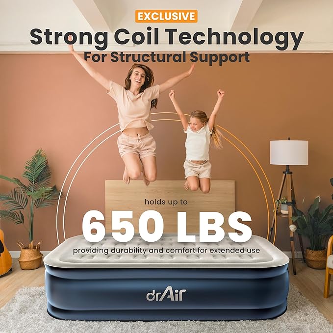 Full Air Mattress, 18” Raised Inflatable Bed with Built-in Pump, Waterproof Velvety Top, Ergonomic Design, Reinforced Support, and Carry Bag for Home, Camping, and Guests