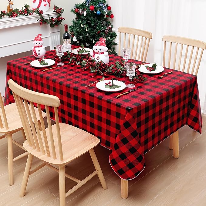 misaya Rectangle Waterproof Vinyl Table Cloth, Buffalo Flannel Backed Tablecloth, Wipeable Plastic Table Cover for Dinner, Kitchen, Picnic (54" x 120", Red and Black)