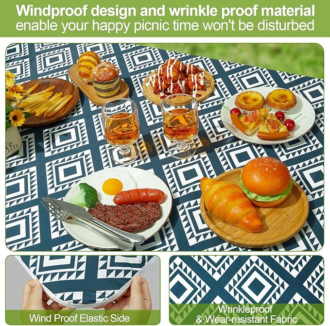 Picnic Table Cover with Bench Covers Camping Essentials Waterproof Windproof Camping Tablecloth with Drawstring Bag, Fitted Rectangle Tables and Seats, 72in, Blue Green Plaid