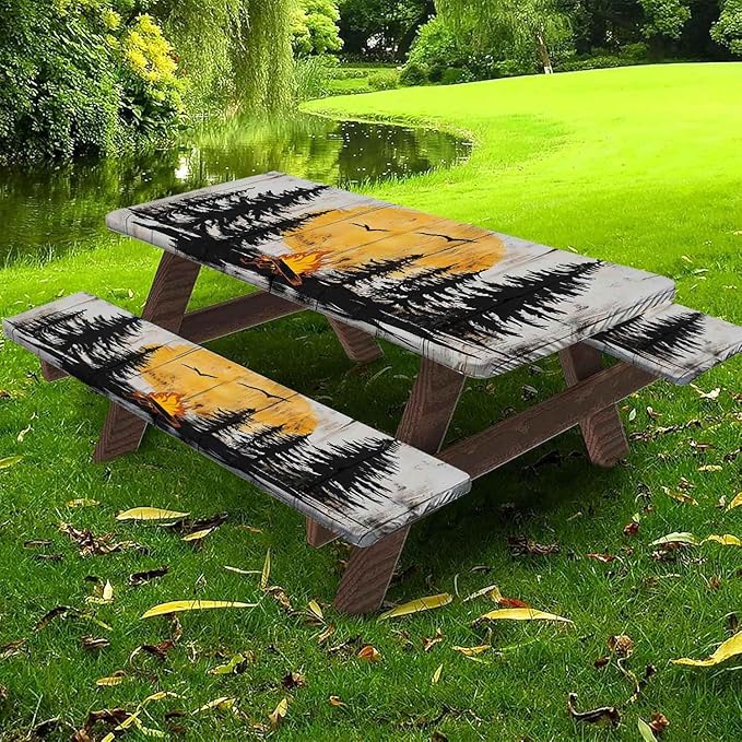 CAPSCEOLL Elastic Picnic Table Cover with Bench Covers 5Ft Waterproof Fitted Picnic Table Cover Cloths for Outdoors Camping Tablecloth with Drawstring Bag, 60X30in, Camping on Wood