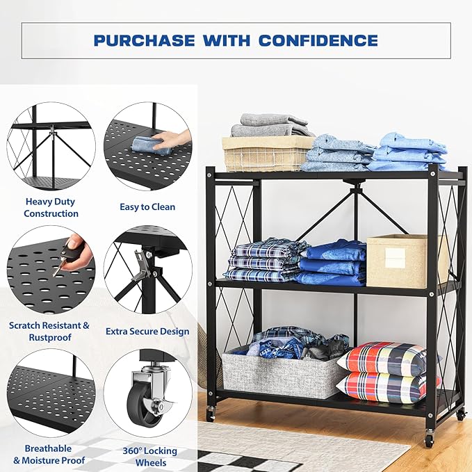 3-Tier Foldable Storage Shelf with Wheels - Metal Rack Collapsible Shelving Unit Display, Rolling Cart for Books Kitchen Storage Shelves, Pantry & Closet Organizer, Office Room Decor