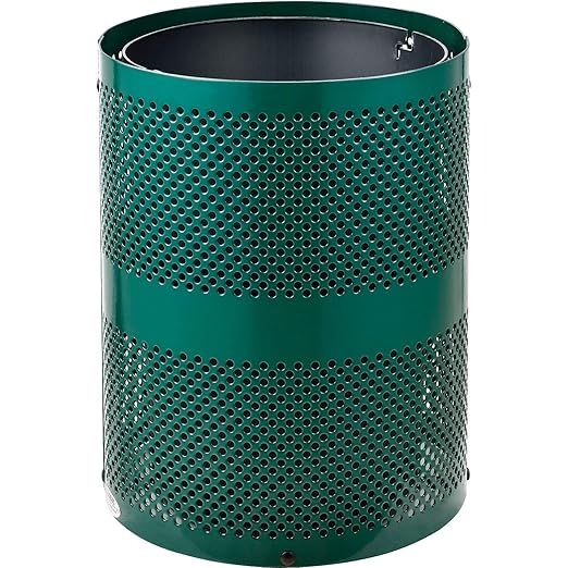 Global Industrial 32 Gallon Outdoor Perforated Steel Round Trash Can with Rain Bonnet Lid, Plastic Liner and Anchor Kit Included, 23-1/2" Diameter x 40-1/2"H, Green