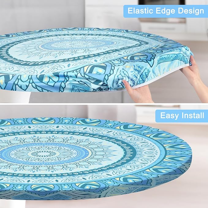 Round Tablecloth Fitted Elastic Table Cover Waterproof Table Cloth for Dinner, Party, Picnic,Camping, Round Table Cover for Indoor Outdoor