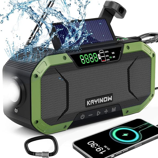 Hand Crank Emergency Radio,Portable AM FM NOAA Weather Radio,Solar Power,Battery Operated,USB Charging Flashlight,Cell Phone Charger,Waterproof,SOS for Camping,Power Outage,Survival Storm