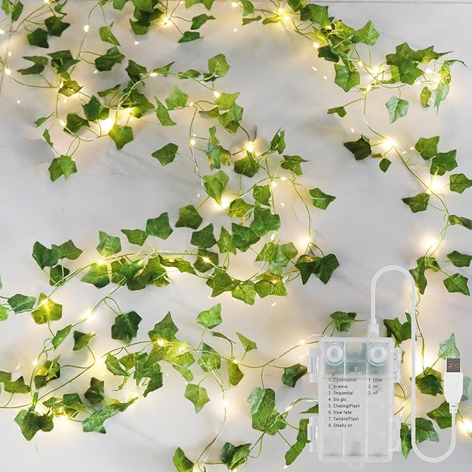 YOUNGAR Ivy Vines with Fairy Lights,Leaf String Lights Battery/USB Operated,23FT 73LED Fake for Bedroom Wall Room Wedding Birthday Garden Party Wall Room Decor (Warm White)